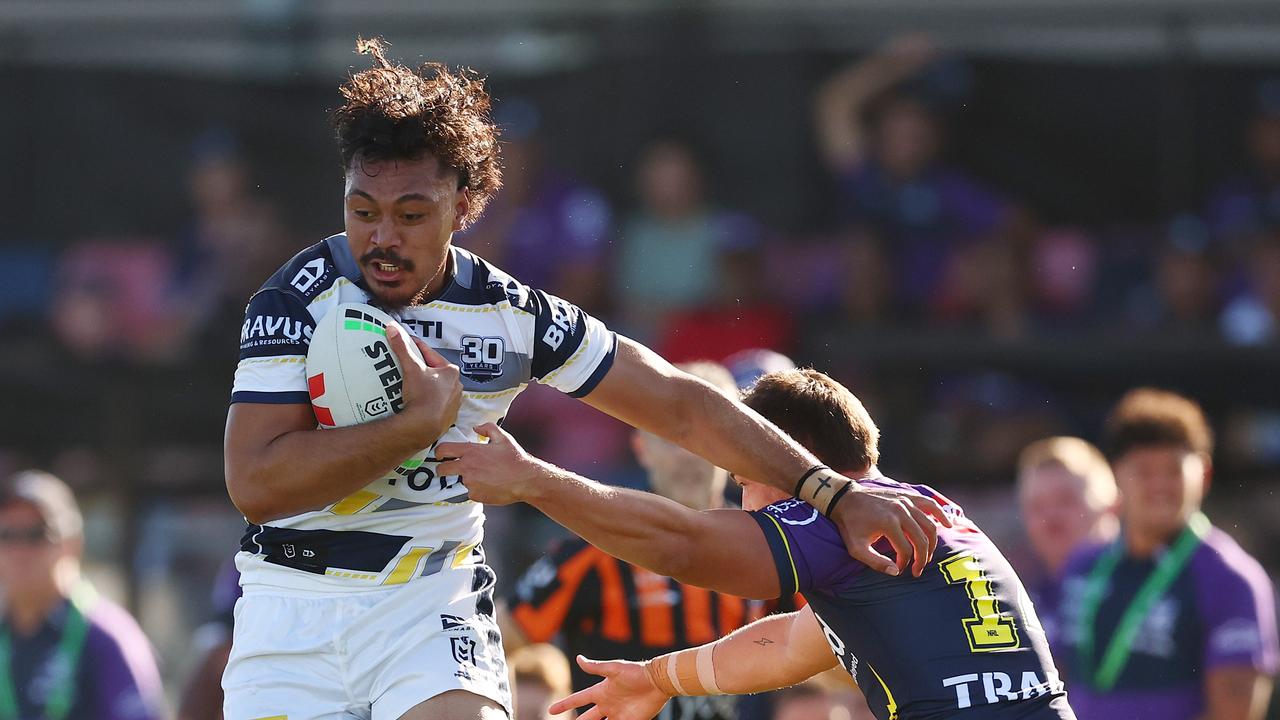 Jeremiah Nanai of the Cowboys runs with the ball during the 2025 NRL Pre-Season Challenge match between Melbourne Storm and North Queensland Cowboys at Casey Fields on February 23, 2025 in Melbourne, Australia. (Photo by Morgan Hancock/Getty Images)