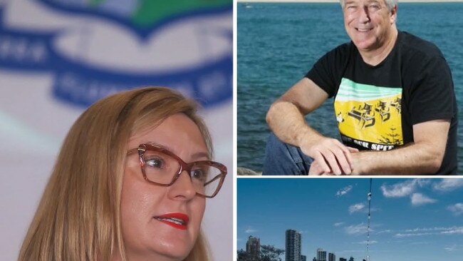 Councillor Brooke Patterson (left) and Save Our Spit’s Steve Gration at odds about a beach bar planned for the Gold Coast.