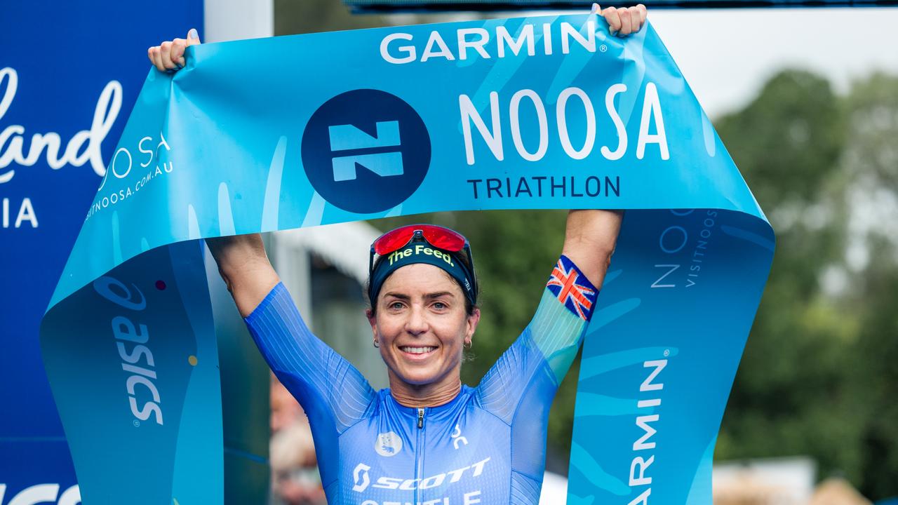 Ashleigh Gentle crosses the line to win the Noosa Triathlon for an 11th time. Photo: Alex Polizzi