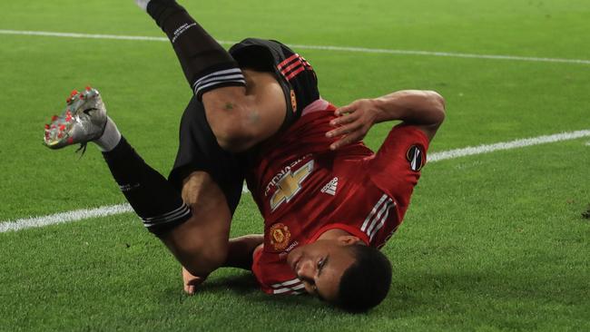 Manchester United's English forward Mason Greenwood reacts after scoring a goal which has been then cancelled during the UEFA Europa League quarter-final football match between Manchester United and FC Copenhagen at the RheinEnergieStadion, in Cologne, western Germany, on August 10, 2020. (Photo by WOLFGANG RATTAY / POOL / AFP)