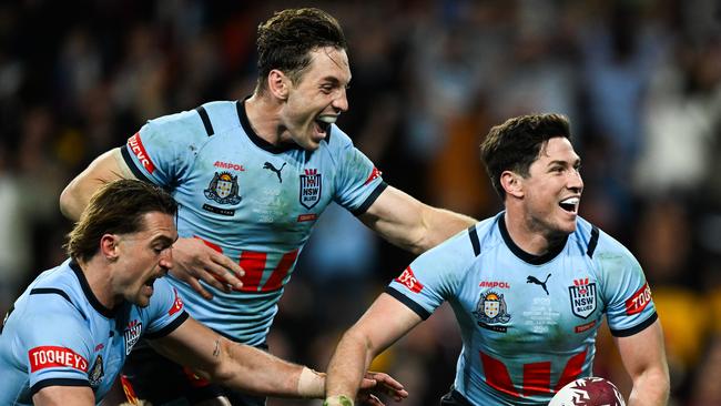 Mitchell Moses celebrates a try with the Blues. Picture: NRL Photos