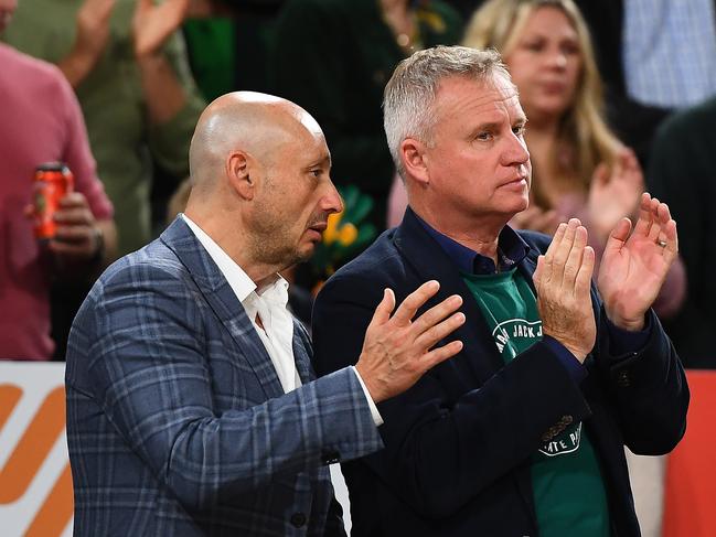 HOBART, AUSTRALIA - APRIL 30: Larry kestelman and Jeremy Rockliff Premier of Tasmania watch the game during game two of the NBL Semi Final series between Tasmania Jackjumpers and Melbourne United at MyState Bank Arena on April 30, 2022 in Hobart, Australia. (Photo by Steve Bell/Getty Images)