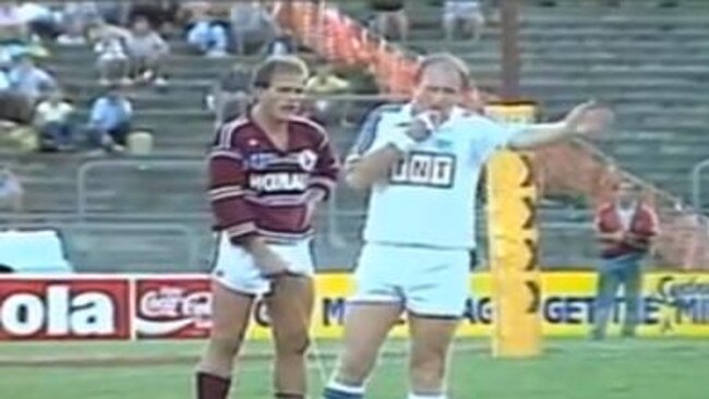 Manly Sea Eagles Don McKinnon urinating during Brisbane’s first game in the NSWRL.