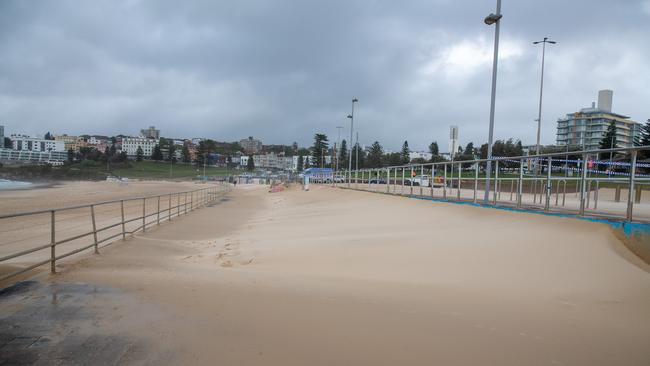 The Daily Telegraph Saturday 18 January 2025 Weather - Bondi Beach Sand Wild storms last night has extended Bondi Beach with sand covering the car park and foot paths. Picture Thomas Lisson