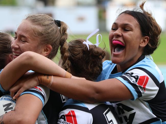 Sharks players celebrate a try. Picture: Warren Gannon Photography