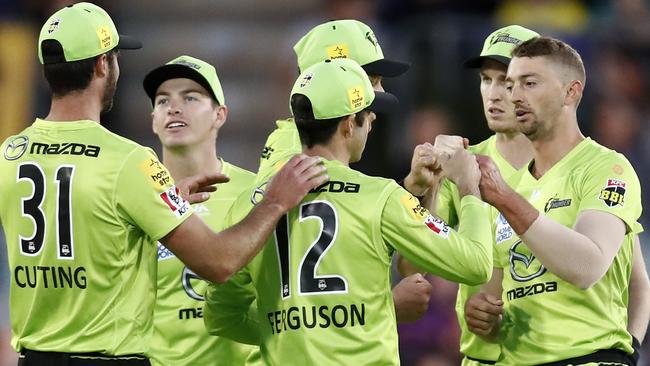 Daniel Sams celebrating the wicket of Ashton Turner during the Big Bash League match between the Sydney Thunder and the Perth Scorchers.