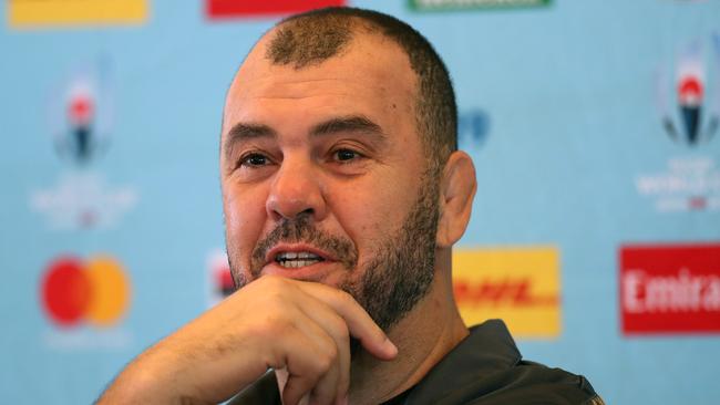 Wallabies coach Michael Cheika speaking in Tokyo on Monday. Picture: Getty Images