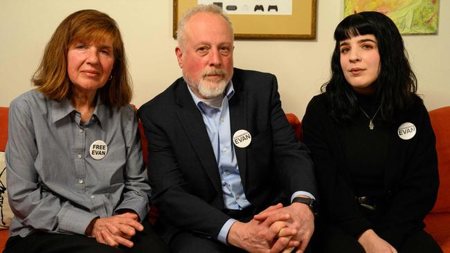 Ella Milman, Danielle and Mikhail Gershkovich, mother, sister and father to WSJ journalist, Evan Gershkovich. Picture: AFP.