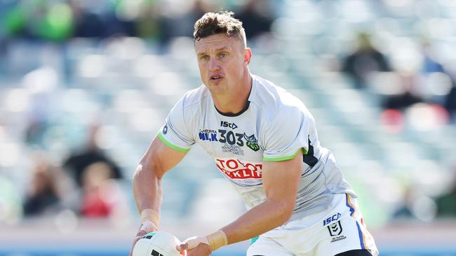 CANBERRA, AUSTRALIA - APRIL 16:  Jack Wighton of the Raiders warms up during the round seven NRL match between Canberra Raiders and St George Illawarra Dragons at GIO Stadium on April 16, 2023 in Canberra, Australia. (Photo by Mark Metcalfe/Getty Images)