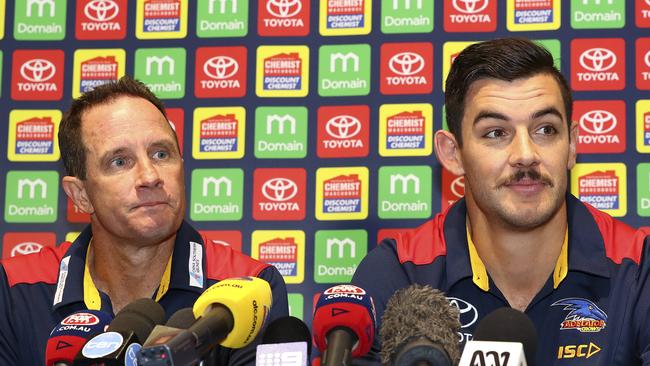 Crows coach Don Pyke, left, is admiring the leadership presented by key forward Taylor Walker who is expected to retain the Adelaide Football Club captaincy for the fourth AFL season. Picture: Sarah Reed