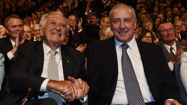 Former prime ministers Bob Hawke, left, and Paul Keating. Picture: AAP