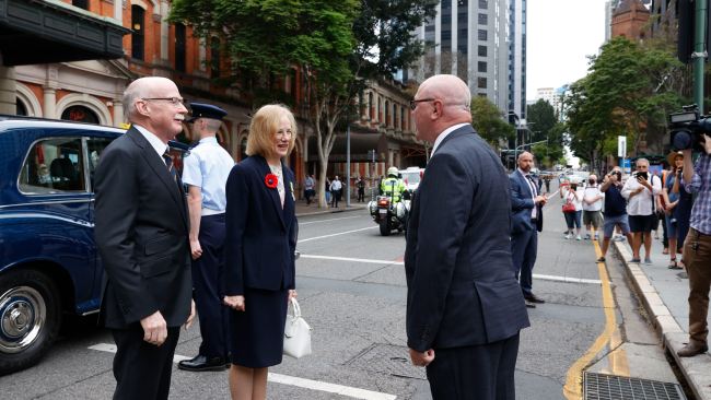 Governor of Queensland Dr Jeannette Young and husband Professor Graeme Nimmo arrive for the  2021 Remembrance Day service at Anzac Square in Brisbane. Picture Lachie Millard