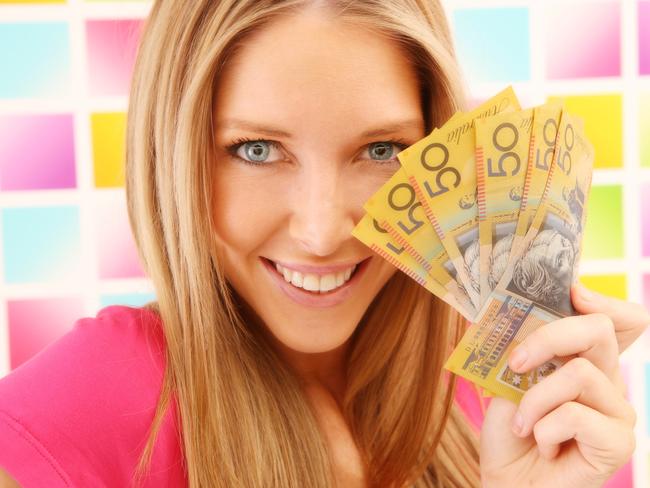 Woman in pink on colorful square background with australian money, generic