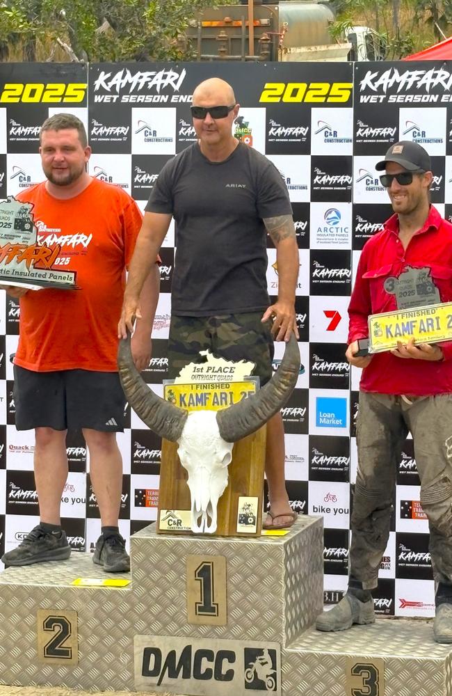 Kamfari 2025 Quads podium. L-R: (2nd) Gary Burns, (1st) Richard Mitchell, (3rd) Gabriel Danen. Picture: Darcy Jennings