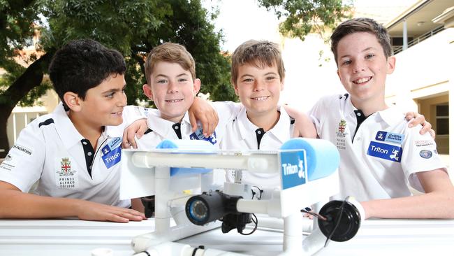 Prince Alfred College students (l-r) Jake Hamood, Eric McCauley, Mason Ross and Griffin Bierlein with their remote operated vehicle. Picture: Stephen Laffer.