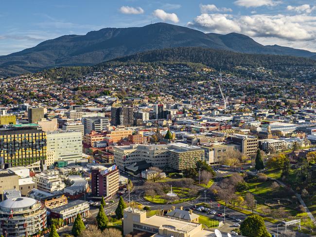 Hobart's Central Business District from the air, against Mount Wellington from the air