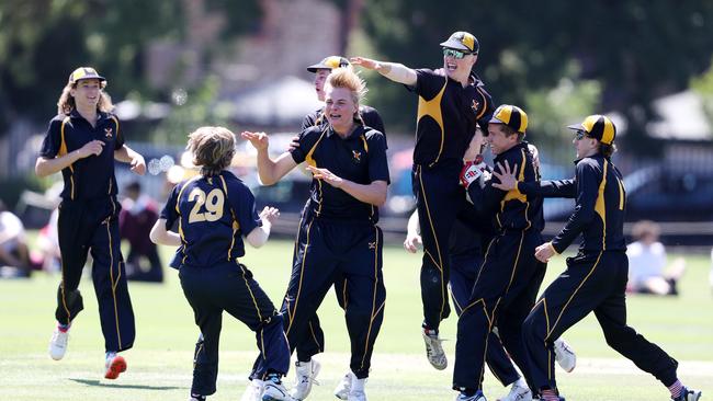 Scotch bowler Harry Lemmey celebrates his wicket during the Messenger Bowl Twenty20 final against Prince Alfred. Picture: Sarah Reed