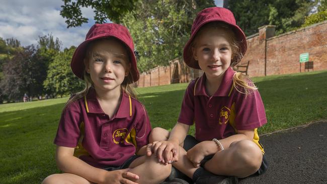 Winter and Willow Wrigley at Royal Botanical Gardens Tasmania are twins starting school in 2025. Picture: Caroline Tan