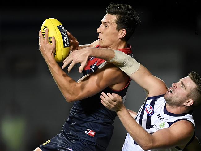 CAIRNS, AUSTRALIA - SEPTEMBER 07: Sam Weideman of the Demons takes a mark during the round 16 AFL match between the Melbourne Demons and the Fremantle Dockers at Cazaly's Stadium on September 07, 2020 in Cairns, Australia. (Photo by Albert Perez/Getty Images)