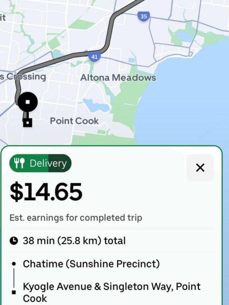 An Uber Eats screenshot shows earnings of $14.65 for a 38 minute job. Picture: supplied.