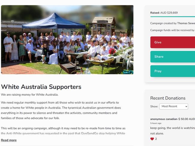 The Fundraiser was set up by Thomas Sewell and calls for ‘White Australia Supporters’ to donate money.