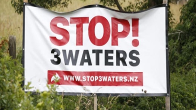 A sign protesting the implementation of the contentious Three Waters legislation.