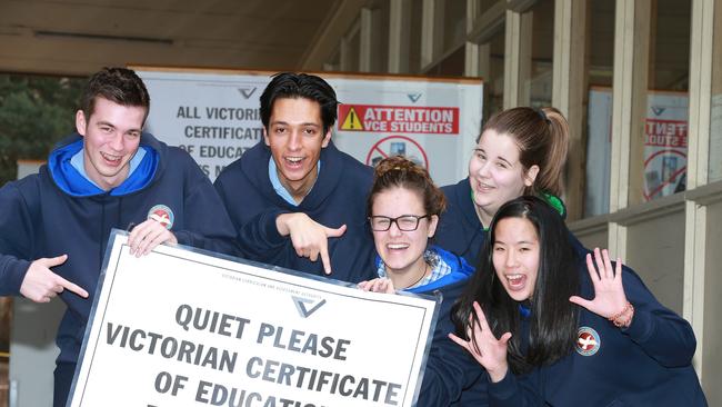 Year 12 Geelong High students Tom Bartle, Zac Power, Courtney-Anne Blackhall, Tegan Whitten and Joyce Pan following the VCE English exam. Picture: Peter Ristevski