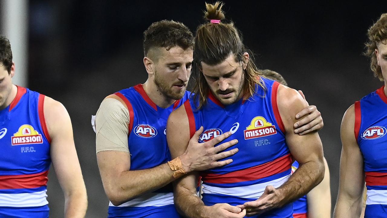 Marcus Bontempelli consoles Josh Bruce post-game (Photo by Quinn Rooney/Getty Images)