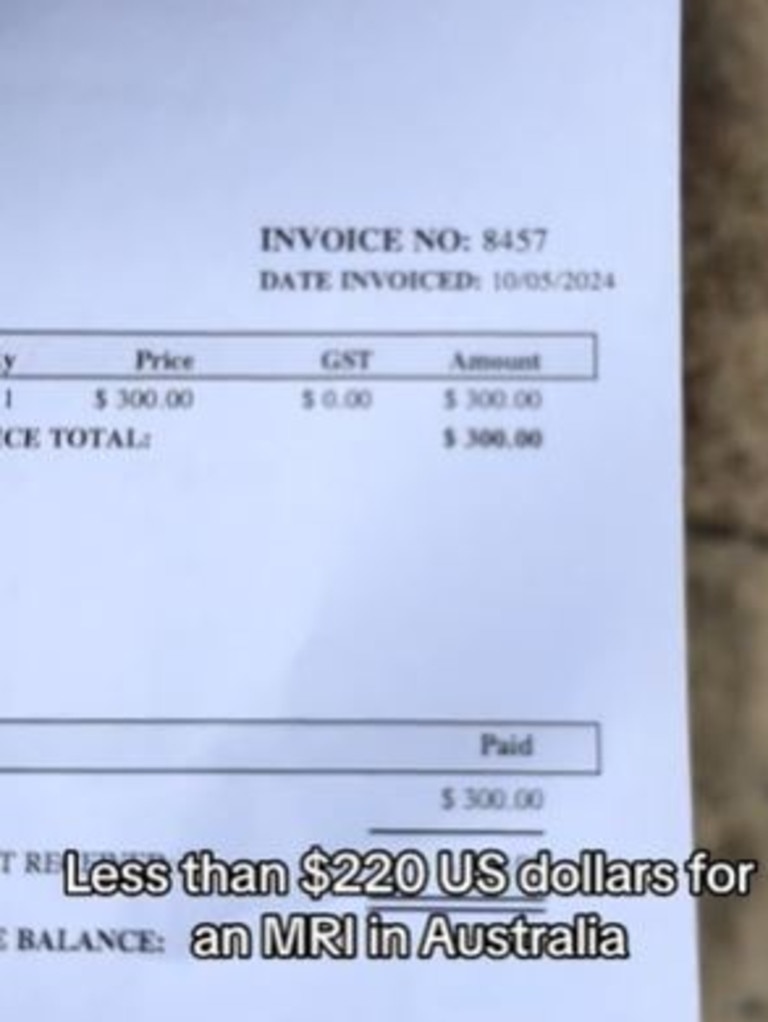 他惊讶地发现 MRI 的收费仅为 300 美元，而美国的 MRI 收费为 1700 美元。图片：TikTok/@noelmulk0