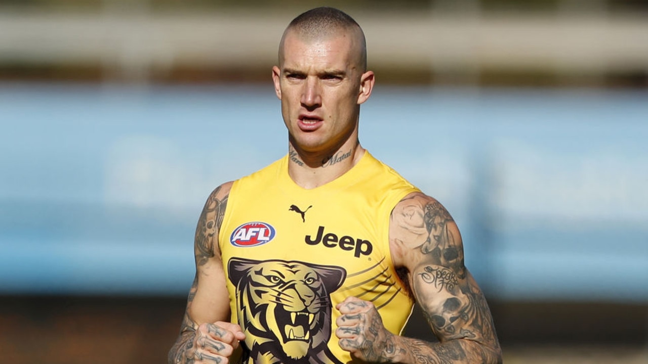 MELBOURNE, AUSTRALIA - MAY 05: Dustin Martin of the Tigers warms up during the Richmond Tigers training session at Punt Road Oval on May 05, 2021 in Melbourne, Australia. (Photo by Dylan Burns/AFL Photos via Getty Images)