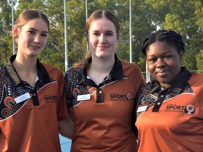 NT Under 15s netball team vice-captain Jade Moir, captain Ada Whiteside and vice-captain Natalie Mupamhadzi are excited to play on the national court in Perth for the first time since Covid. Picture: Sierra Haigh