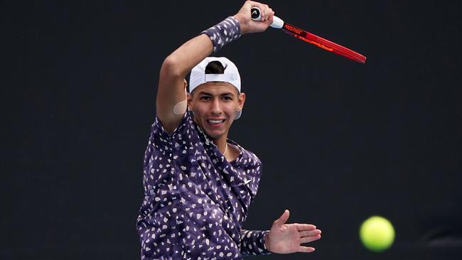 Alexei Popyrin fires a forehand return at Jaume Munar in their second-round match at the Australian Open. Picture: AAP