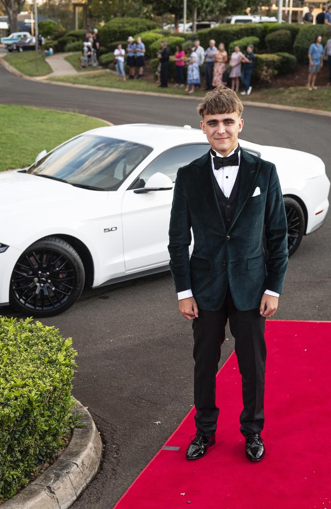 Jordan Robertson arrives at Mary MacKillop Catholic College formal at Highfields Cultural Centre, Thursday, November 14, 2024. Picture: Kevin Farmer