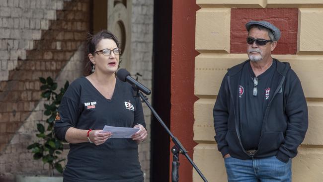 Genevieve Allpass speaks at the Labour Day flag raising ceremony held at the Toowoomba Railway precinct last month. Picture: Nev Madsen.