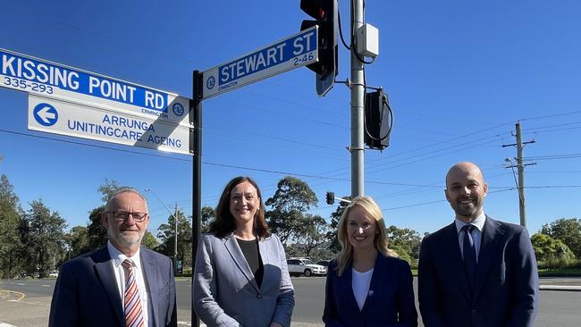 Centre for Road Safety chief Bernard Carlon, Parramatta federal Liberal candidate Maria Kovacic, Metropolitan Roads Minister Natalie Ward and Bennelong Liberal candidate Simon Kennedy at Dundas Valley.