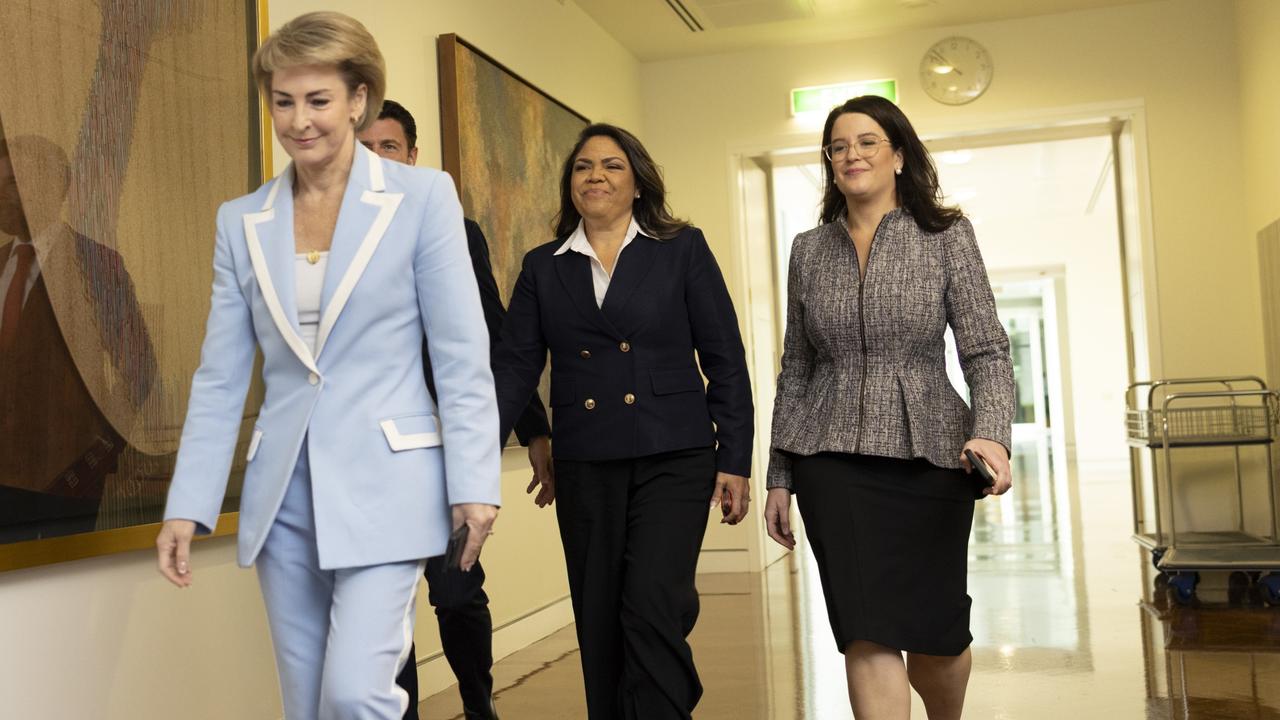 Senator Jacinta Nampijinpa Price (middle) withdrew her deputy leadership bid after Mr Taylor lost. Picture: NewsWire / David Beach