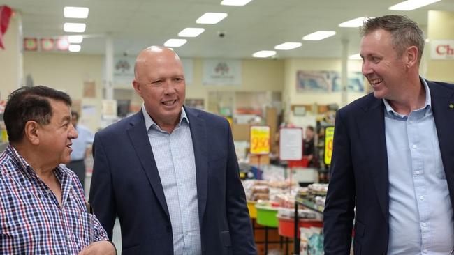 Groom MP Garth Hamilton (right) with Opposition Leader Peter Dutton and Bevan Betros in Toowoomba.