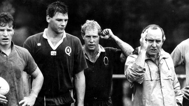 Wallabies (l-r) Simon Poidevin, Troy Coker and Jeff Miller with coach Alan Jones in 1987.