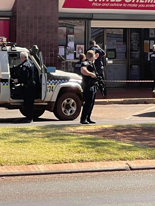 Police respond to an alleged aggravated robbery at a Tennant Creek pharmacy where a man allegedly held up the store with a gun. Picture: Steve Edgington