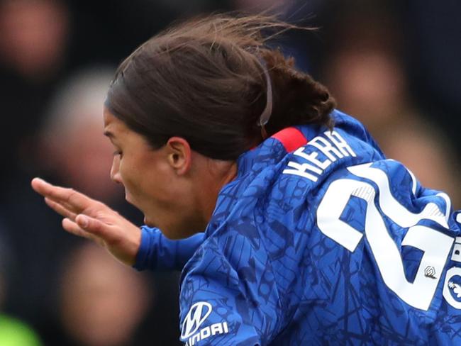 KINGSTON UPON THAMES, ENGLAND - JANUARY 05:  Sam Kerr of Chelsea is fouled by goalkeeper Grace Moloney of Reading during the Barclays FA Women's Super League match between Chelsea and Reading at Kingsmeadow on January 05, 2020 in Kingston upon Thames, United Kingdom. (Photo by Catherine Ivill/Getty Images)