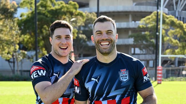 The Blues have never saved a series by winning game two in Brisbane, but Blues fans will be hoping Mitch Moses and James Tedesco’s unbreakable bond can create history. Picture: Grant Trouville.