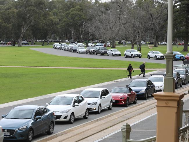 Cars lined up on Wednesday at a Victoria Park testing station. Picture: Dean Martin