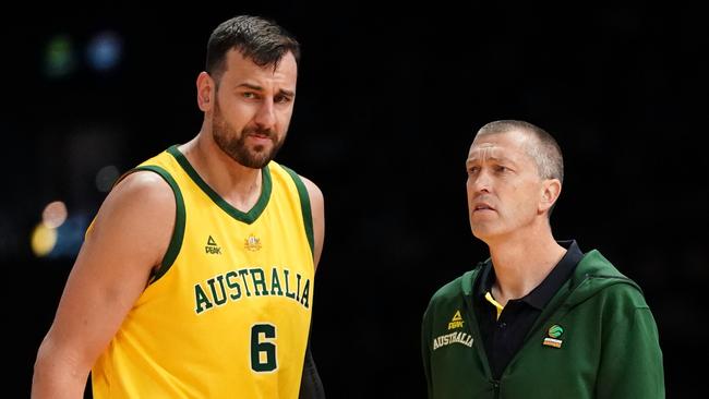 Andrew Bogut with Andrej Lemanis at the FIBA World Cup. Picture: AAP/Scott Barbour