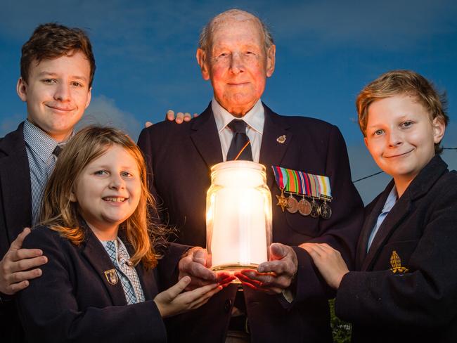 For Anzac dayFrank Sims, 96 years of age Ð airforce Brighton East with grand kids Cameron 15, Marlowe 13 and Natasha 10. Picture: Jason Edwards Frank usually marches with his grandchildren so this is such an important moment to still be able to commemorate ANZAC Day together.