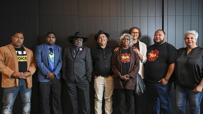 A delegation of community leaders from Cape York, Kimberley and North East Arnhem Land. Jane Bieundurry is pictured on the right of Noel Pearson. Picture: NCA NewsWire / Martin Ollman