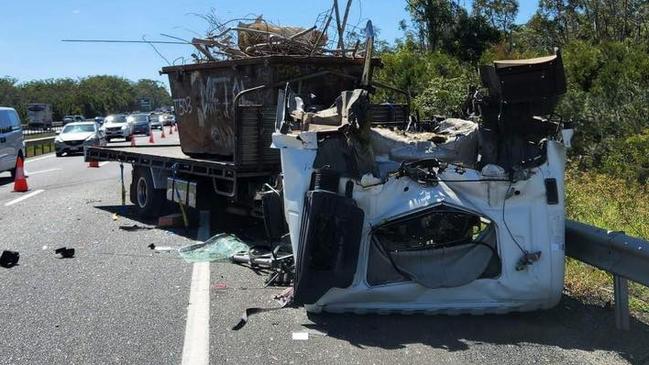 Two people were rushed to hospital in serious conditions after two trucks collided on the Bruce Hwy at Corbould Park on Friday morning, resulting in a spill. Photo: Clayton's Towing