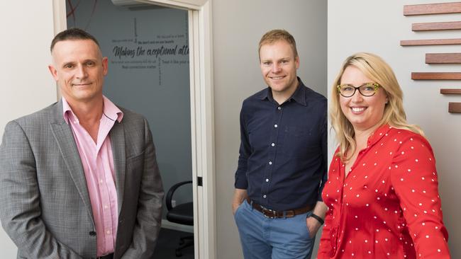 Looking forward to the reimagined Business Excellence Awards are (from left) Toowoomba Chamber of Commerce CEO Todd Rohl, Focus HR directors Alistair Green and Naomi Wilson, Tuesday, September 8, 2020. Picture: Kevin Farmer