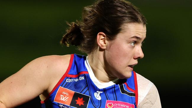 Western Bulldogs midfielder Britney Gutknecht was cleared of any wrongdoing by the tribunal after a heavy tackle that concussed Sydney’s Paige Sheppard. Picture: Sarah Reed / Getty Images