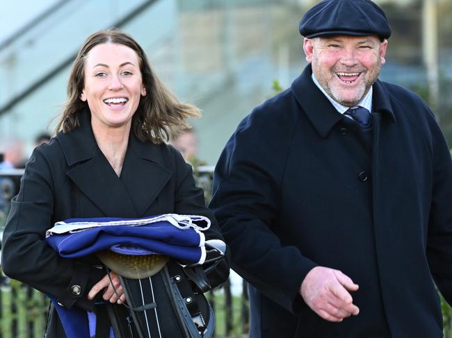 MELBOURNE, AUSTRALIA - AUGUST 05: Training partners Katherine Coleman and Peter Moody are seen during Melbourne Racing at Flemington Racecourse on August 05, 2023 in Melbourne, Australia. (Photo by Vince Caligiuri/Getty Images)