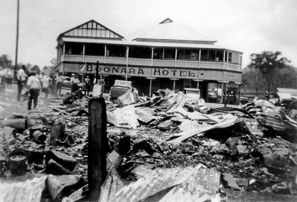 TRAGIC DAY: This photo shows the ruins of the original Grand Hotel at Goomeri which was destroyed by fire on December 23, 1939. Picture: Contributed